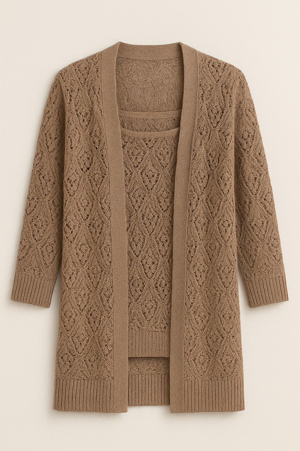 Lace Pattern Twinset – Tank Top & Open Cardigan