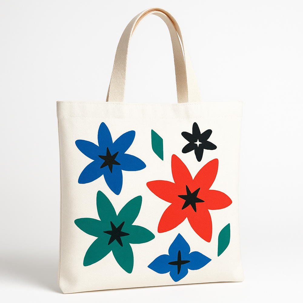 White Canvas Tote Bag with Colorful Geometric Flower Pattern