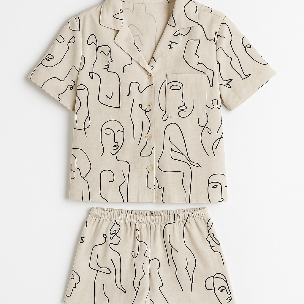 Beige Abstract Line Art Sleepware