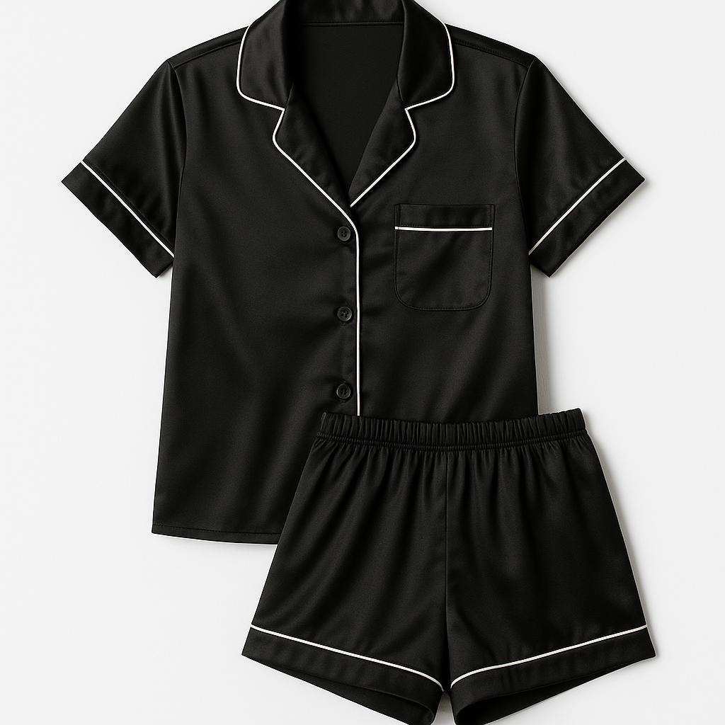 Black Silk Satin Sleepwear Set with White Piping