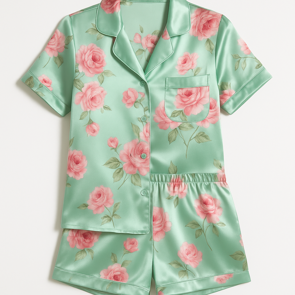 Mint Green Floral Print Silk Satin