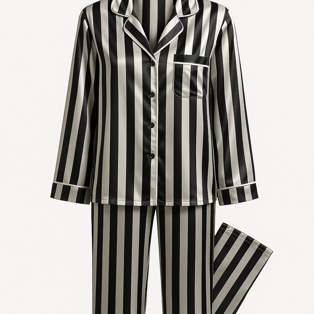 Black and White Striped Silk Satin Sleepwear