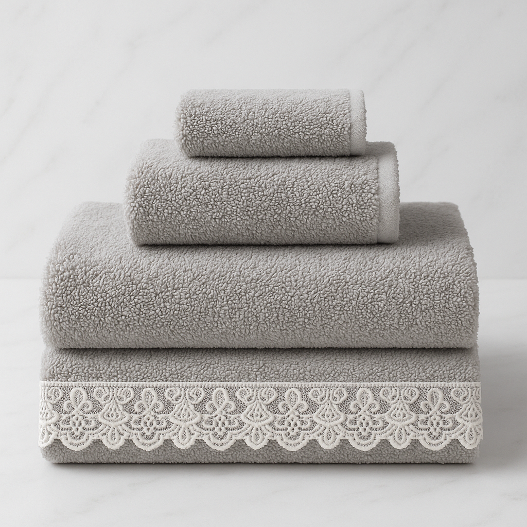 Grey Cotton Bath Towel Set with White Lace Border